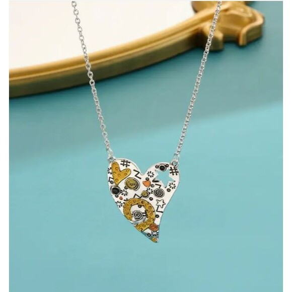Modern Silver Gold Copper Heart Necklace Art Fun Unique - Picture 5 of 7